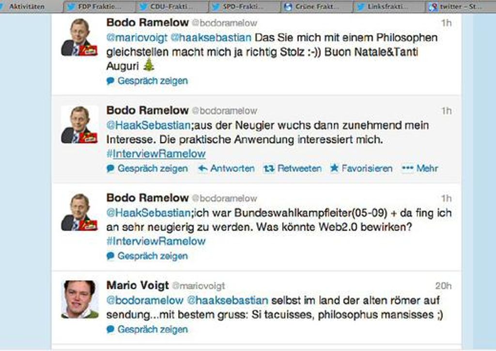 Tweets von Bodo Ramelow als Screenshot: Dass Sie mich mit einem Philosophen gleichstellen, macht mich ja ziemlich stolz. Quelle: Unbekannt