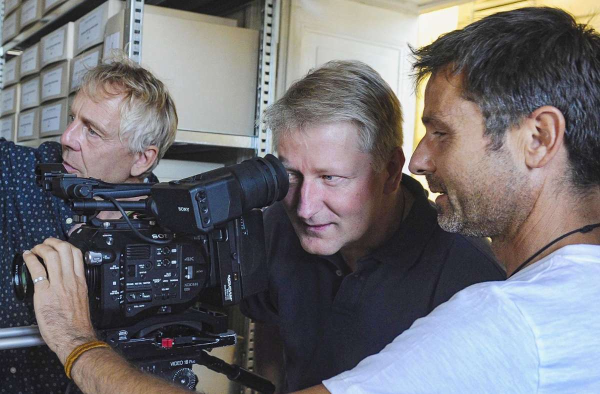 Bert Göhler (Mitte) während der Dreharbeiten für den Film „Kommen Rührgeräte in den Himmel?“. Foto: frankphoto.de/Karl-Heinz Frank