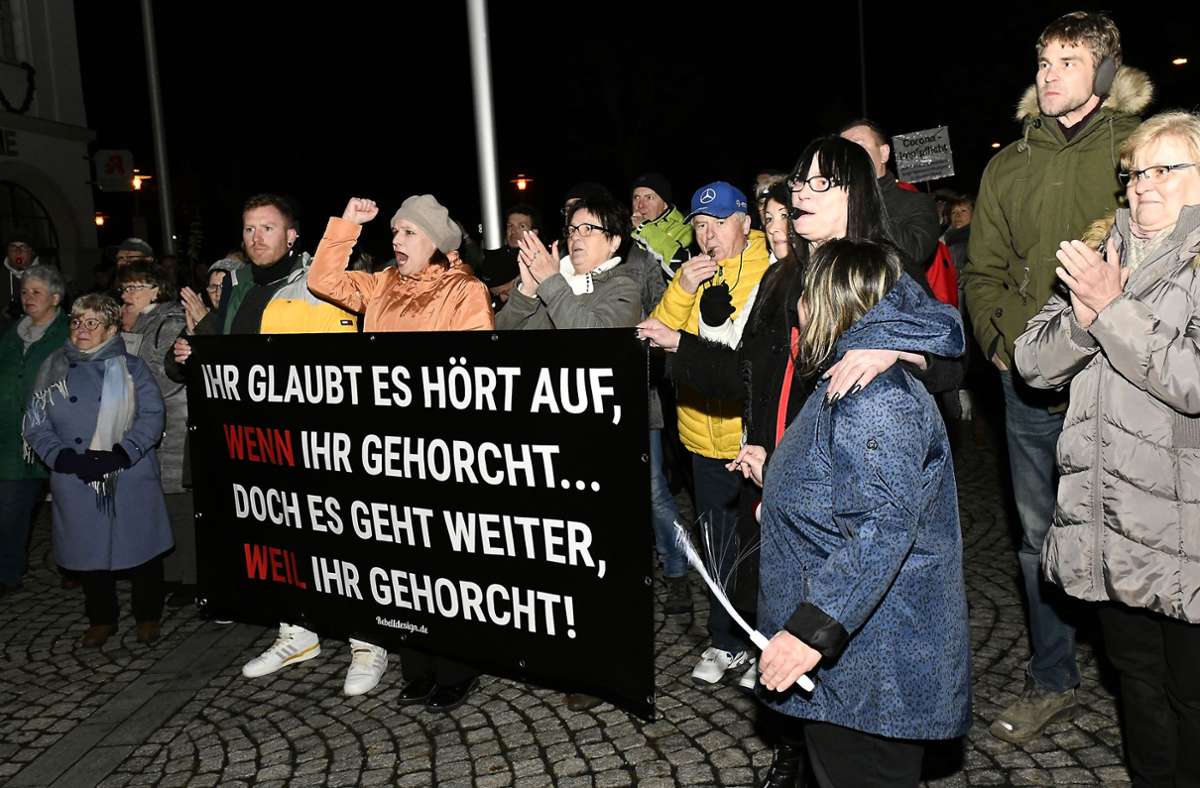 Mit Plakaten und Trillerpfeifen ausgestattet symbolisieren die Demonstranten ihre Zustimmung. Foto: Carl-Heinz Zitzmann