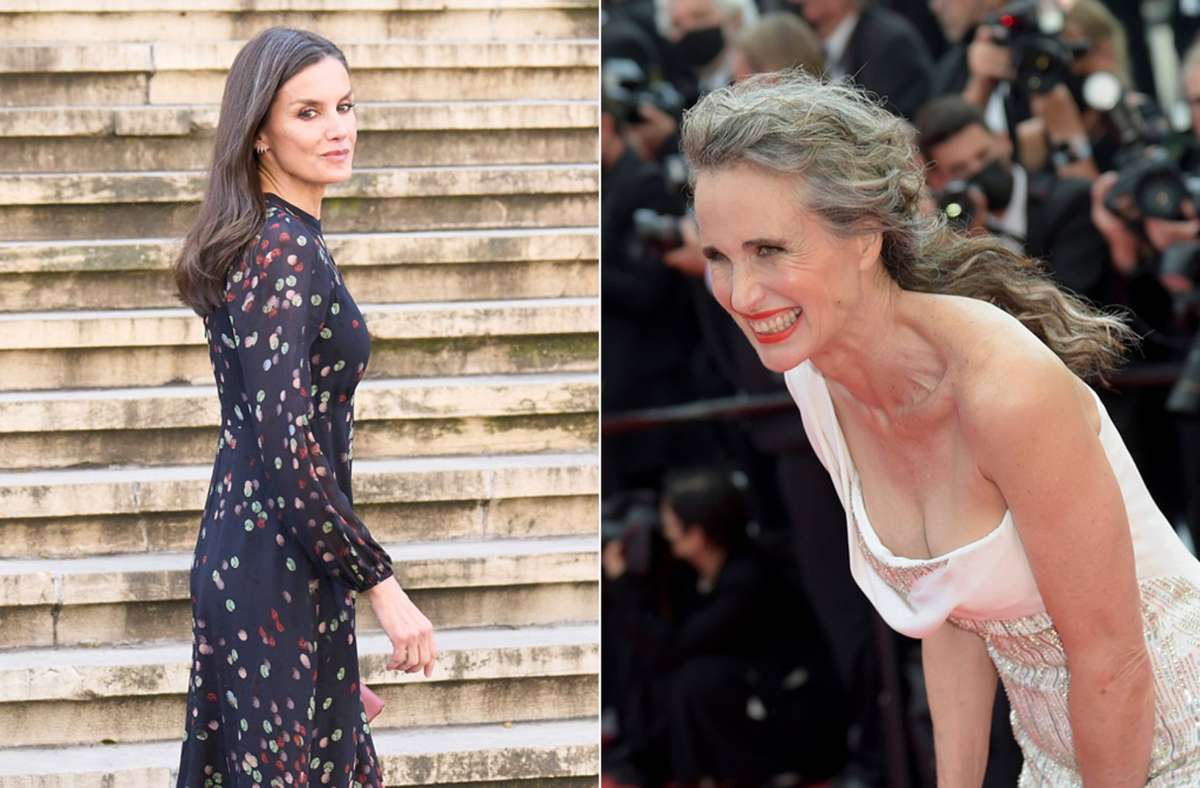 Spaniens Königin Letizia trägt graue Strähnen, Andie MacDowell (rechts) hat mit ihrem Look einen ganzen Trend gestartet.