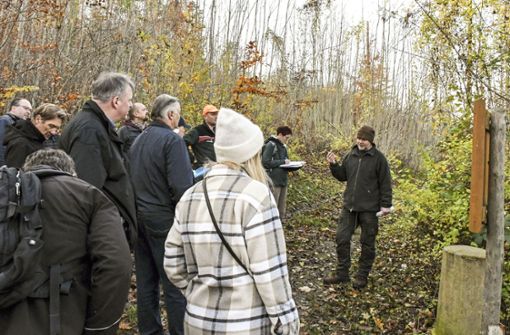 Falk Samland (rechts) erklärte den Ausschussmitgliedern den Stadtwald. Foto: Berit Richter