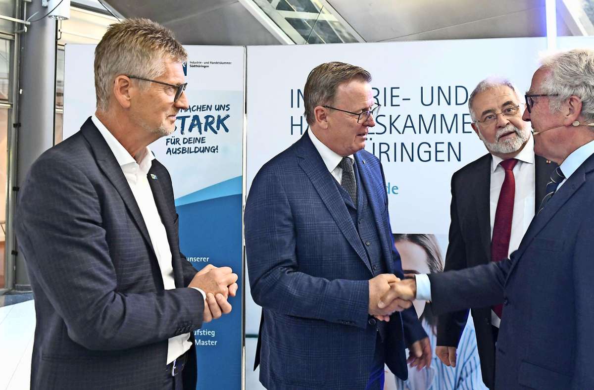 Jahresempfang der IHK (von links): Hauptgeschäftsführer Ralf Pieterwas, Ministerpräsident Bodo Ramelow, IHK-Präsident Peter Traut und Russlandexperte Rüdiger von Fritsch.