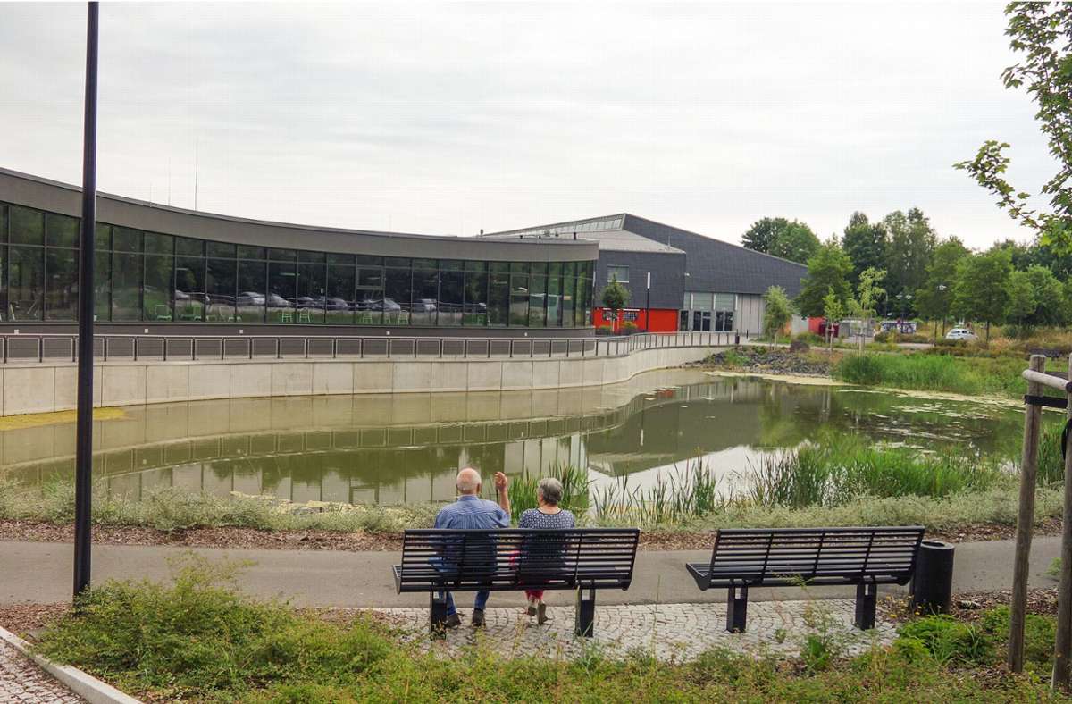 Die Schwimmfontäne auf dem „Füllersee“ hinter der Ilmenauer Schwimmhalle ist derzeit außer Betrieb. Der Grund ist  Wassermangel. Foto: Uwe Appelfeller