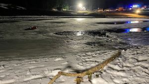 Frau bricht nachts in zugefrorenen Teich ein