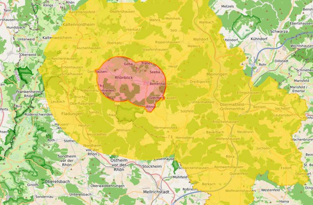 Die Karte zeigt die Ausbreitung der Geflügelpest im Landkreis Schmalkalden- Meiningen am Mittwoch, 25. Januar 2023. Foto: LRA