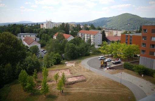 Ein neuer Spielplatz wird auf der Wiese vor dem Bettenhaus des SRH-Klinikums gebaut. Übergabe soll im August sein. Foto: /Christian Jacob