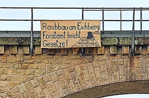 Unbekannte machen ihren Widerspruch zur Abholzung am Eichberg mit einem Plakat am Eisenbahnviadukt in Sonneberg öffentlich. Foto: privat