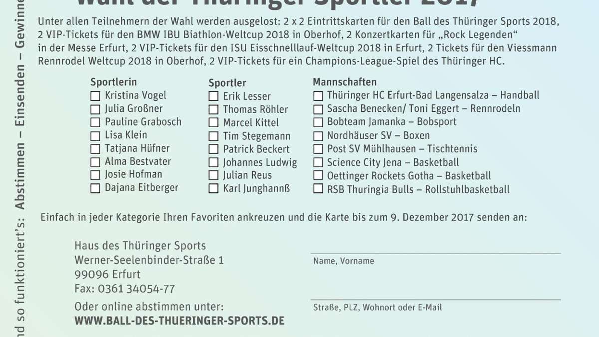 Erfurt: Wahl der Thüringer Sportler 2017: Vogel könnte mit Henkel gleichziehen