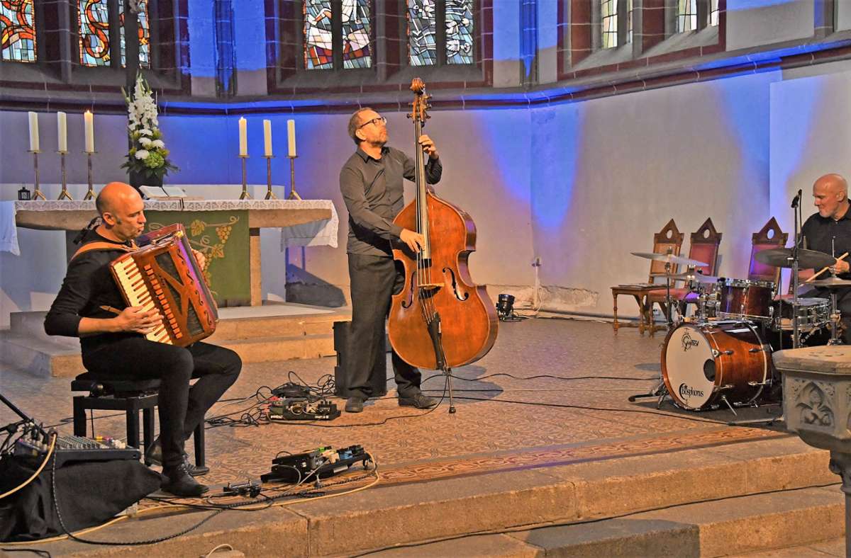 Die Gruppe „Tango Transit“: Es musizierten Martin Wagner (Akkordeon), Hanns Höhn (Kontrabass) und Andreas Neubauer (Schlagzeug, von links). Foto: Wolfgang Swietek