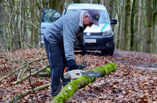 Thomas Franz zersägt einen Baum, um ihn vom Weg entfernen zu können. Foto: Kurt Lautensack