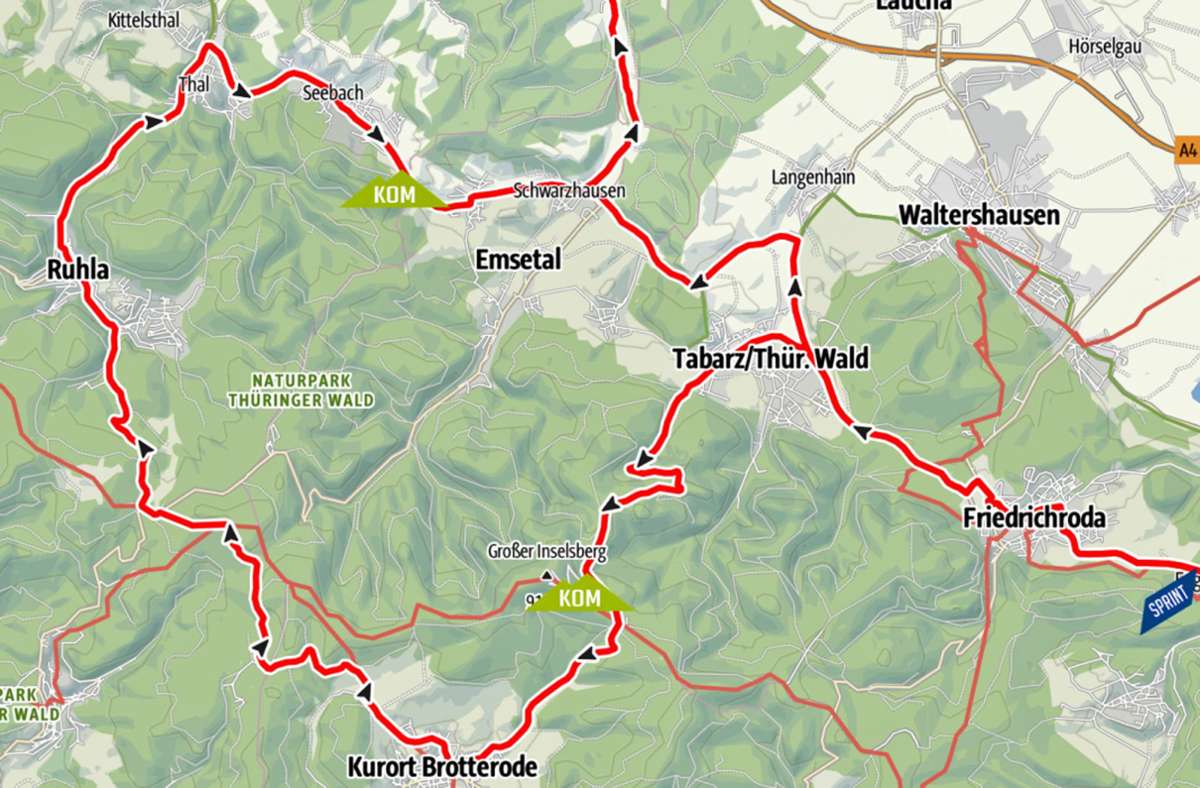 Ein Ausschnitt des Streckenverlaufs der fünften Etappe der Ladies Tour, rund um Gotha, führt am Wochenende auch über Brotterode und den Inselberg. Foto: Ladies Tour 2022