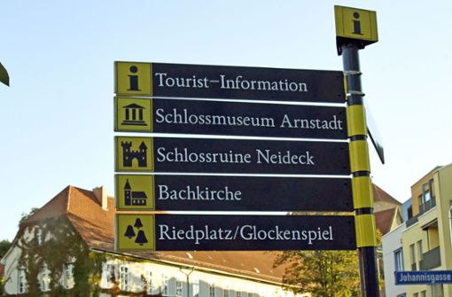 Blaue Schilder weisen den Weg zu touristischen Sehenswürdigkeiten. Die Bibliothek im Hintergrund soll ein weißes bekommen. Foto: Berit Richter